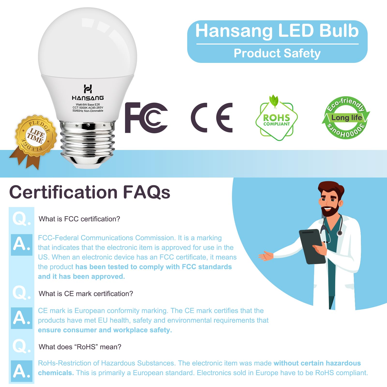 hansang A15 LED E26 Small Light Bulb, Daylight 5000K, 60Watt